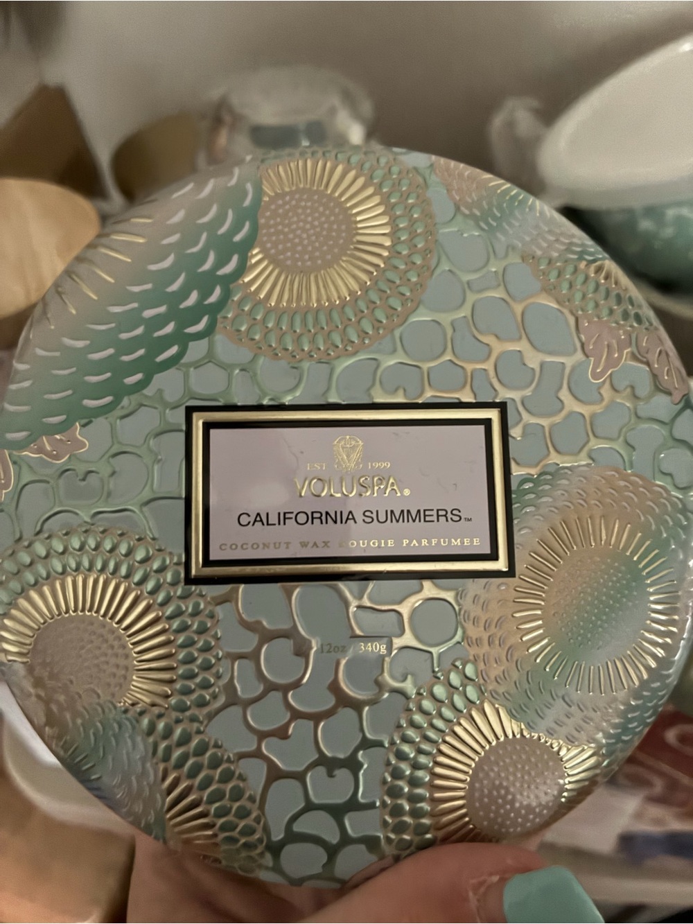 Voluspa California Summers Decorative Tin Candle - Seafoam & Gold 3 wick!